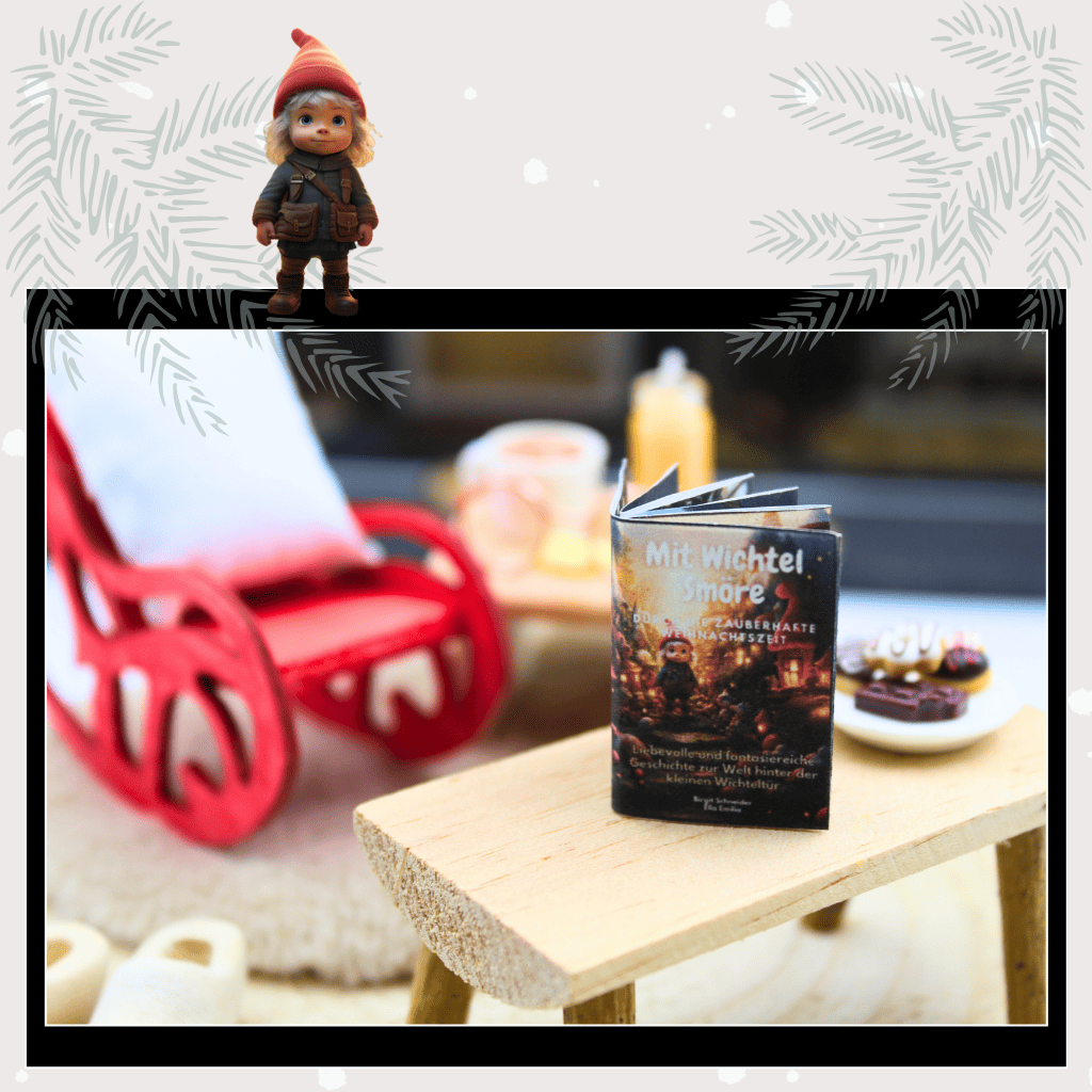 Miniatur-Kinderbuch „Mit Wichtel Smöre durch die zauberhafte Weihnachtszeit“ als liebevolles Wichtelzubehör im Puppenhaus. Perfekt für Weihnachten, Adventskalender und Wichtel Sets – eine magische Ergänzung für jede Wichteltür mit Weihnachtswichtel Flair.