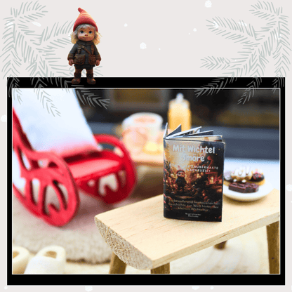 Miniatur-Kinderbuch „Mit Wichtel Smöre durch die zauberhafte Weihnachtszeit“ als liebevolles Wichtelzubehör im Puppenhaus. Perfekt für Weihnachten, Adventskalender und Wichtel Sets – eine magische Ergänzung für jede Wichteltür mit Weihnachtswichtel Flair.
