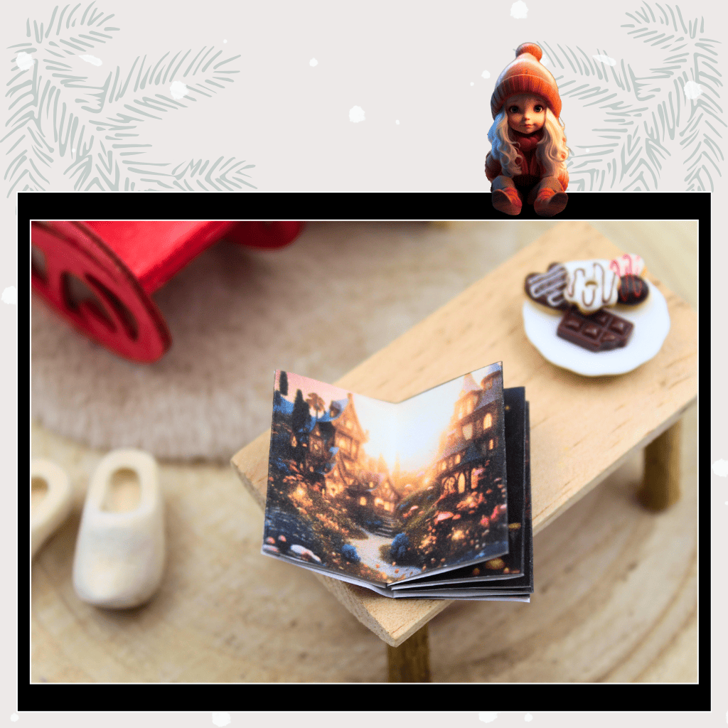 Geöffnetes Wichtel-Mini-Buch mit detailreicher Illustration eines festlichen Wichteldorfes. Ideal als Wichtelset für Puppenhaus-Szenen, Weihnachten und Adventskalender – bringt Magie, Wichtelbriefe und festliche Stimmung direkt an die Wichteltür.