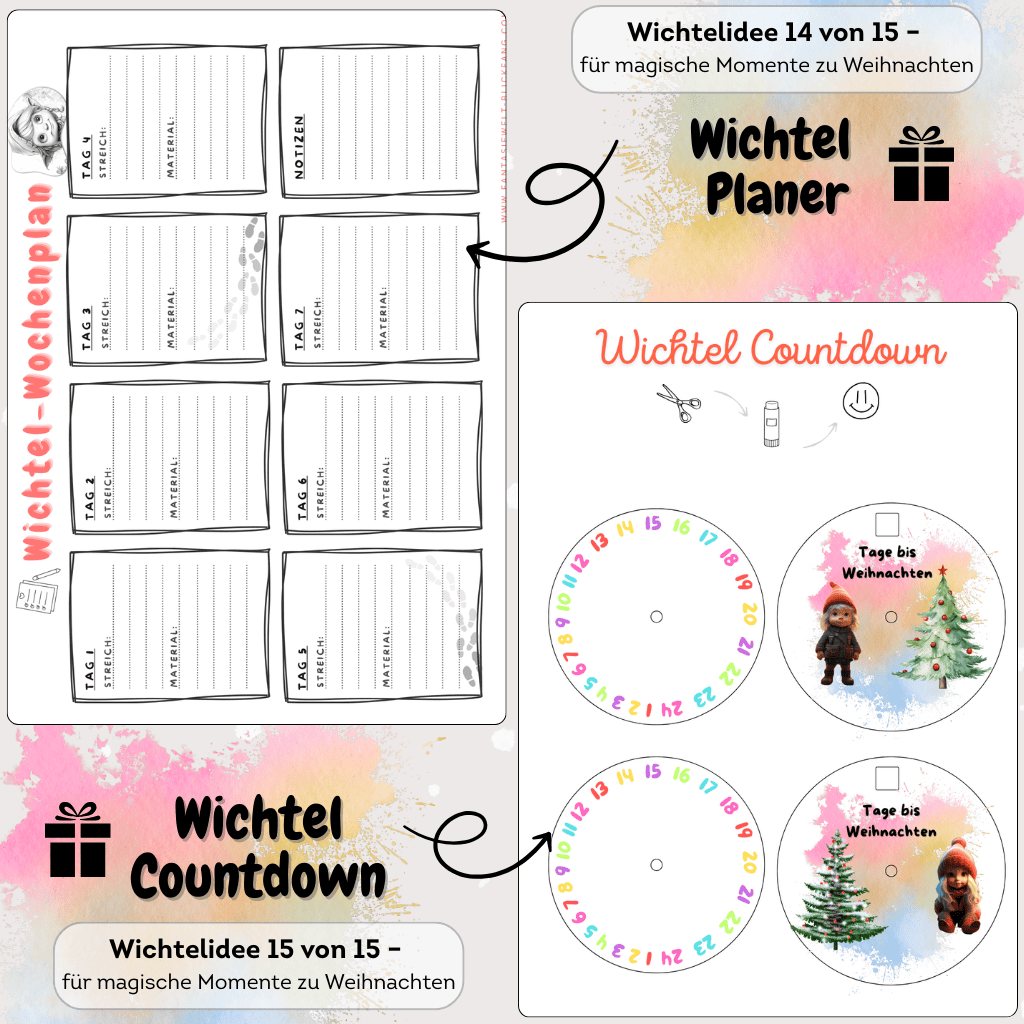Planungs-Set für den Weihnachtswichtel mit Wichtelbriefen, Briefpapier und Zubehör. Hilft Eltern dabei, Puppenhaus, Adventskalender und Wichteltür magisch zu gestalten. Countdown-Kalender für den Weihnachtswichtel mit Etiketten, Wichtelbriefen und Briefpapier.
