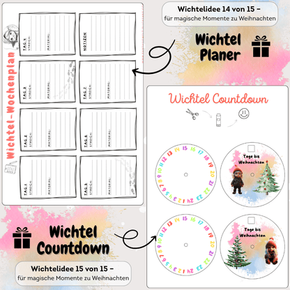 Planungs-Set für den Weihnachtswichtel mit Wichtelbriefen, Briefpapier und Zubehör. Hilft Eltern dabei, Puppenhaus, Adventskalender und Wichteltür magisch zu gestalten. Countdown-Kalender für den Weihnachtswichtel mit Etiketten, Wichtelbriefen und Briefpapier.