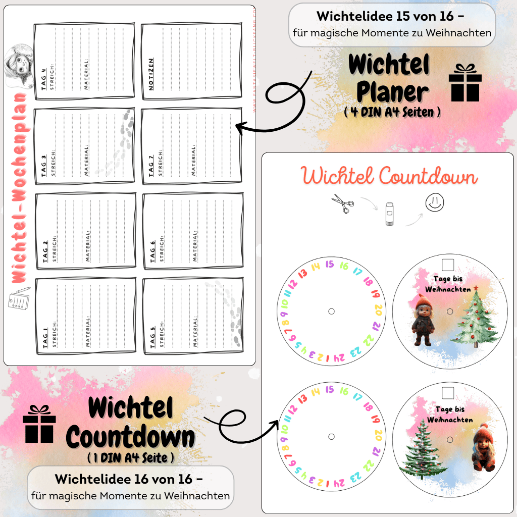 Wichtel Countdown Vorlage für die Weihnachtszeit. Perfekt für Adventskalender, Wichtelsets und weihnachtliche Wichtelbriefe hinter der Wichteltür. Wichtel Planer als Wochenübersicht.