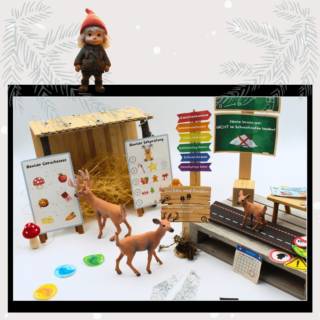 Detailreich gestaltete Wichtel Rentierschule mit niedlichen Rentieren, Schildern und Tafeln. Perfekt als Wichtelzubehör für Puppenhaus und Wichteltür, bringt Weihnachtsmagie ins Zuhause und ergänzt Adventskalender, Wichtelset und Wichtel Briefe.