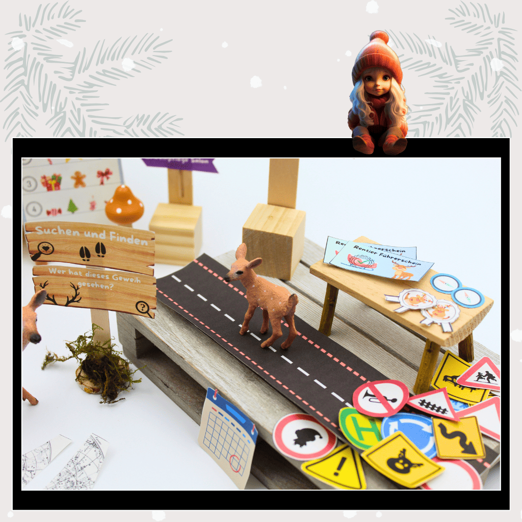 Rentiertraining in der Wichtelwelt – ein kleines Rentier übt auf einer Straße, flankiert von Verkehrszeichen und Wichtelzubehör. Ein magisches Wichtelset für Puppenhaus, Weihnachten und kreative Wichtelbriefe voller Weihnachtswichtel-Zauber.