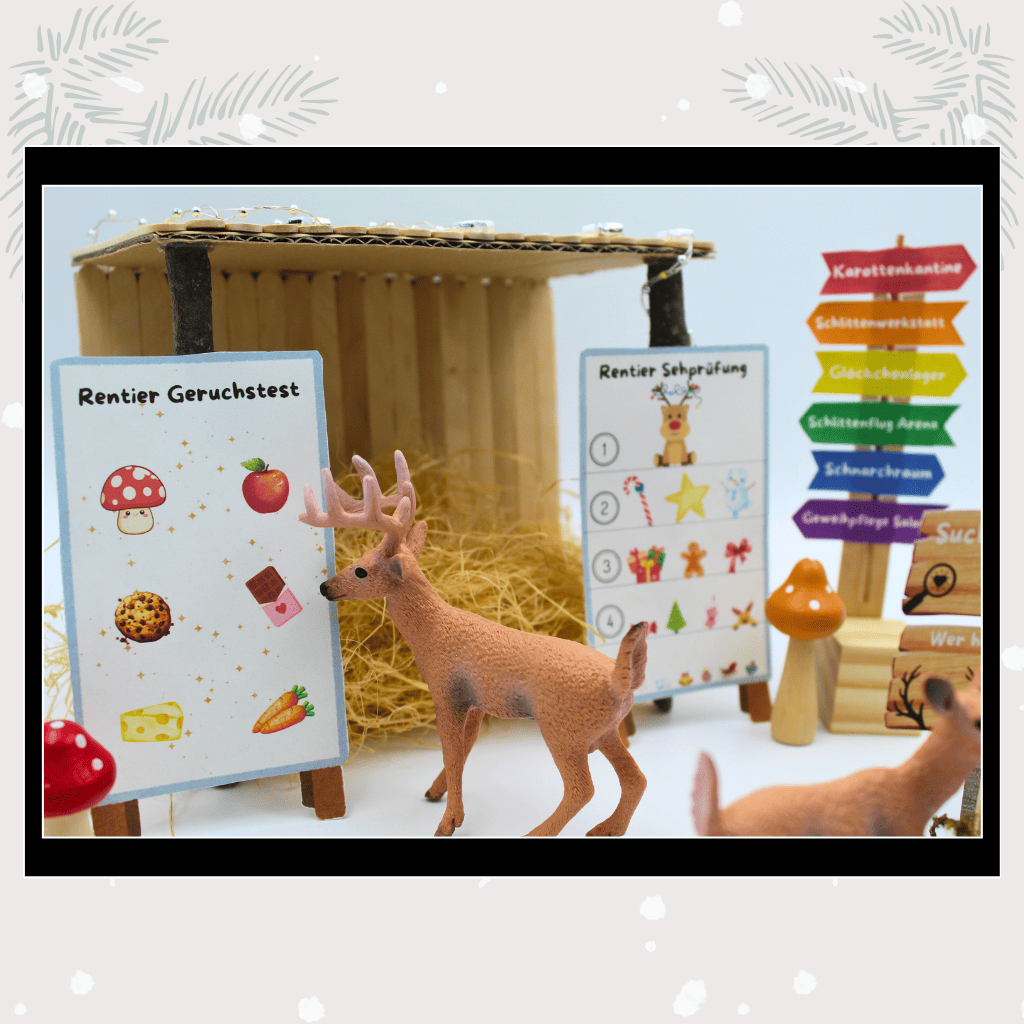 Nahaufnahme vom Rentier Geruchstest und Sehprüfung in der Wichtel Rentierschule. Ein liebevoll gestaltetes Wichtelset, das Magie in Puppenhaus und Adventskalender bringt, mit Weihnachtswichteln, Wichteltür und passenden Wichtel Briefpapier-Ideen.