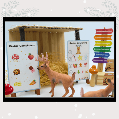 Nahaufnahme vom Rentier Geruchstest und Sehprüfung in der Wichtel Rentierschule. Ein liebevoll gestaltetes Wichtelset, das Magie in Puppenhaus und Adventskalender bringt, mit Weihnachtswichteln, Wichteltür und passenden Wichtel Briefpapier-Ideen.