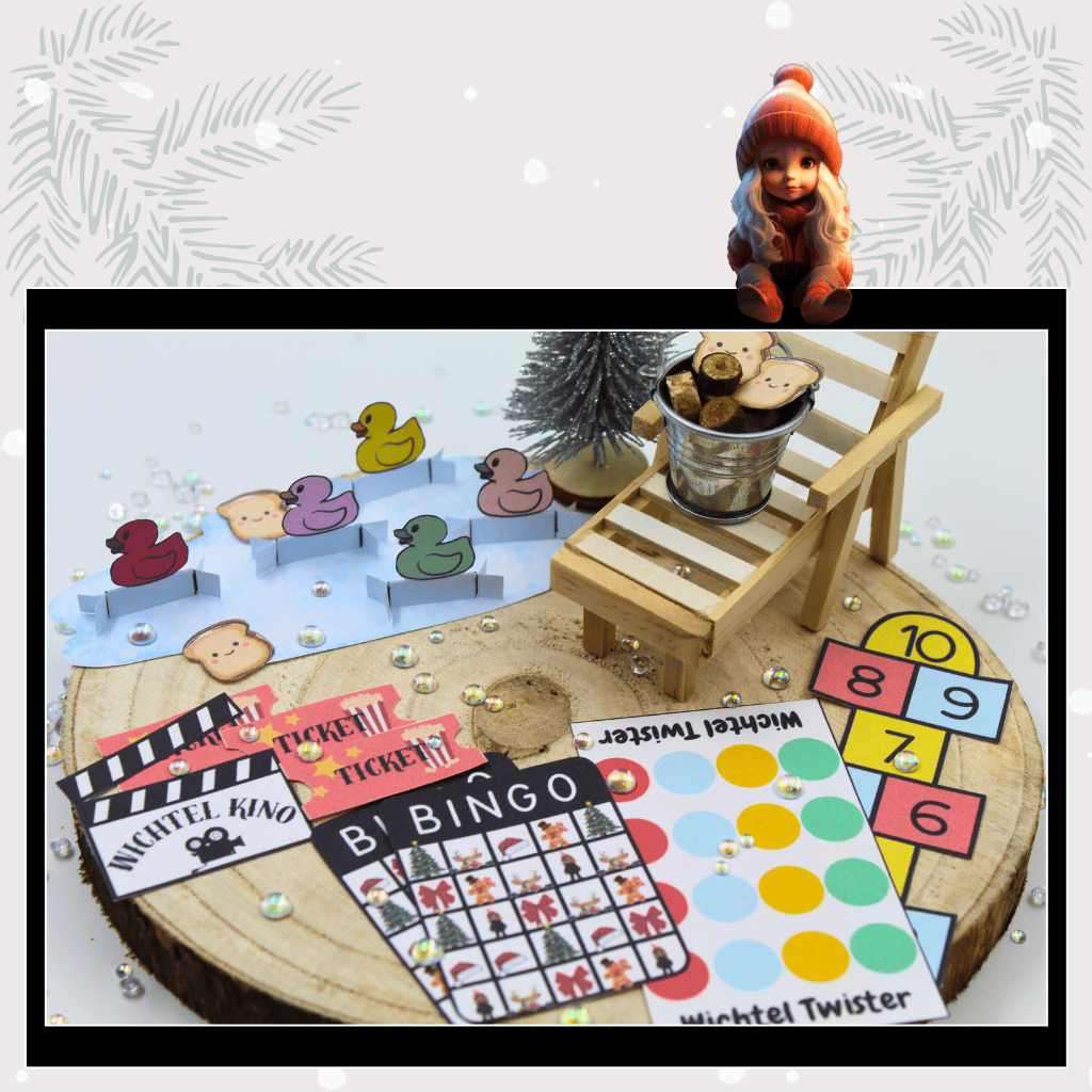 erspielte Wichtel Spielesammlung auf Baumscheibe mit Mini-Wichtelmädchen, Bastelvorlagen wie Enten-Angeln, Bingo, Wichtel Twister und Hüpfspiel zum Ausdrucken. Ideal für kreative Adventszeit mit Kindern und Wichteldekoration.