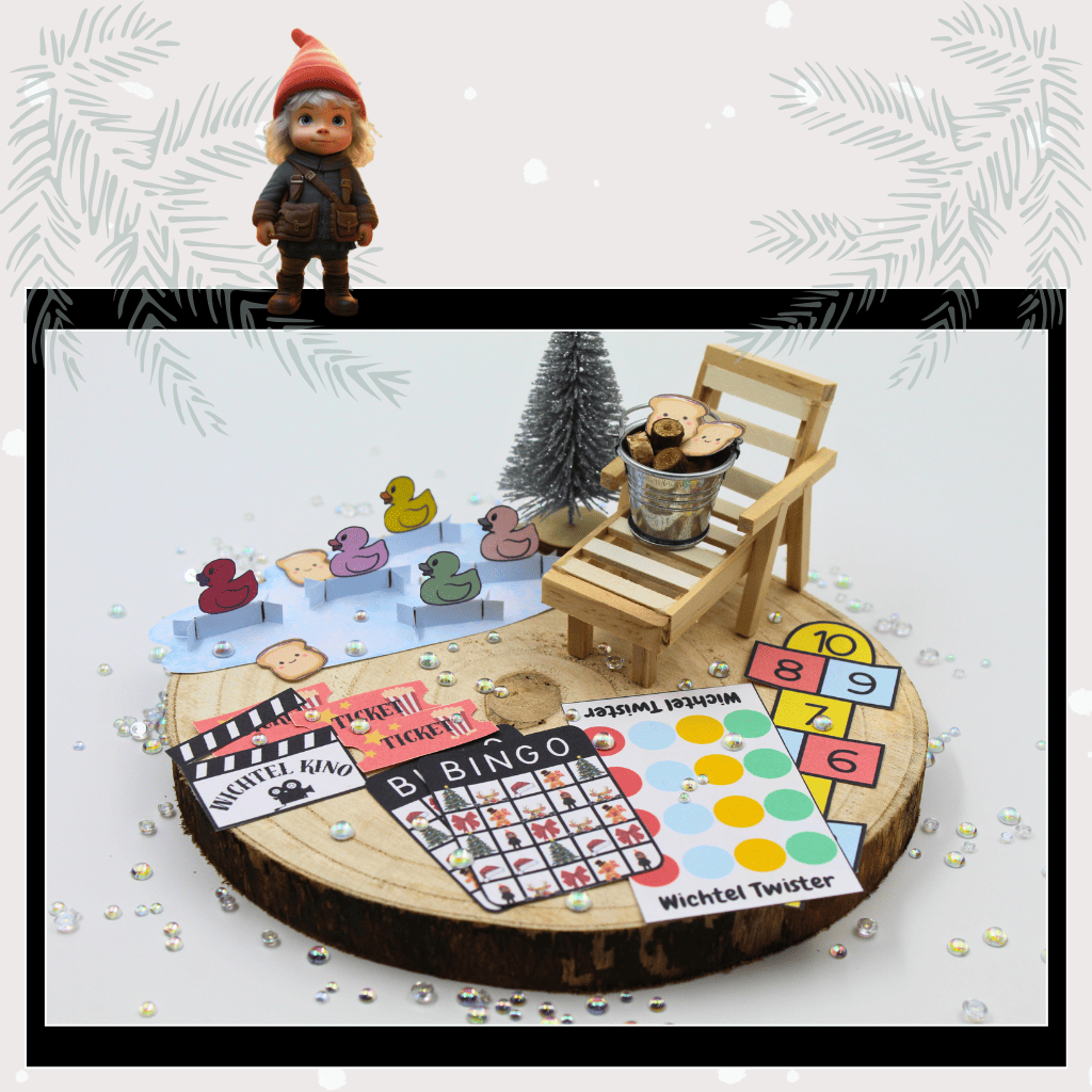 Detailreich gestaltete DIY-Wichtel-Spielwelt auf Holzscheibe mit Bastelvorlagen zum Ausdrucken: Enten-Angeln, Twister, Hüpfspiel, Bingo und Wichtel-Kino. Inklusive Wichtelfigur, Miniaturstuhl und Weihnachtsdeko – ideal für kreative Wichtelaktivitäten für Kinder.