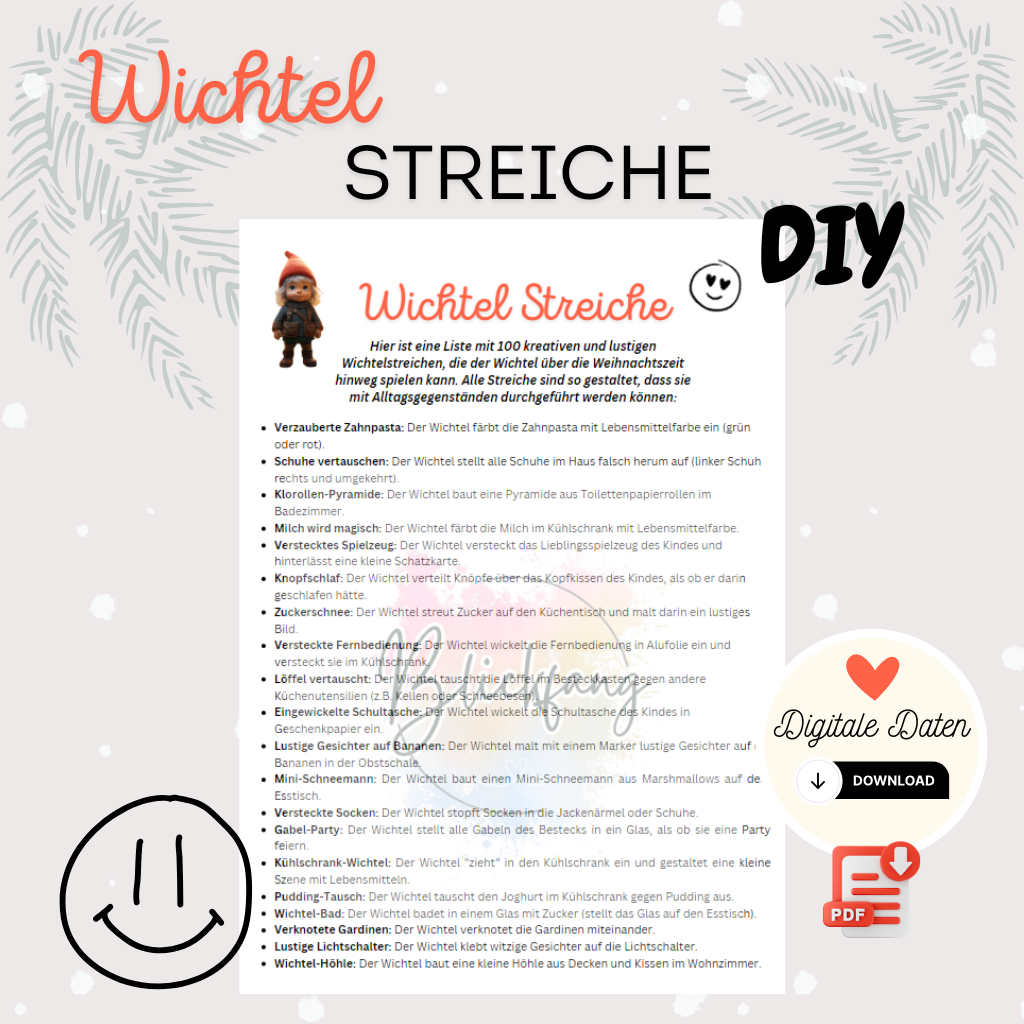 Titelbild des Produkts „Wichtel Streiche – 100 kreative DIY-Ideen für Kinder“ mit liebevoll gestaltetem Layout, Wichtelfigur und Download-Symbol für PDF-Datei, perfekt für die Adventszeit im Familienalltag.