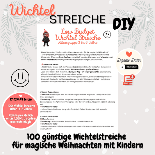 Wichtelset für magische Weihnachten – 100 liebevoll gestaltete Wichtelstreiche mit Wichtelbriefen, Bastelideen und Zubehör für Wichteltür, Puppenhaus und Adventskalender, um Weihnachtsmagie lebendig zu machen.