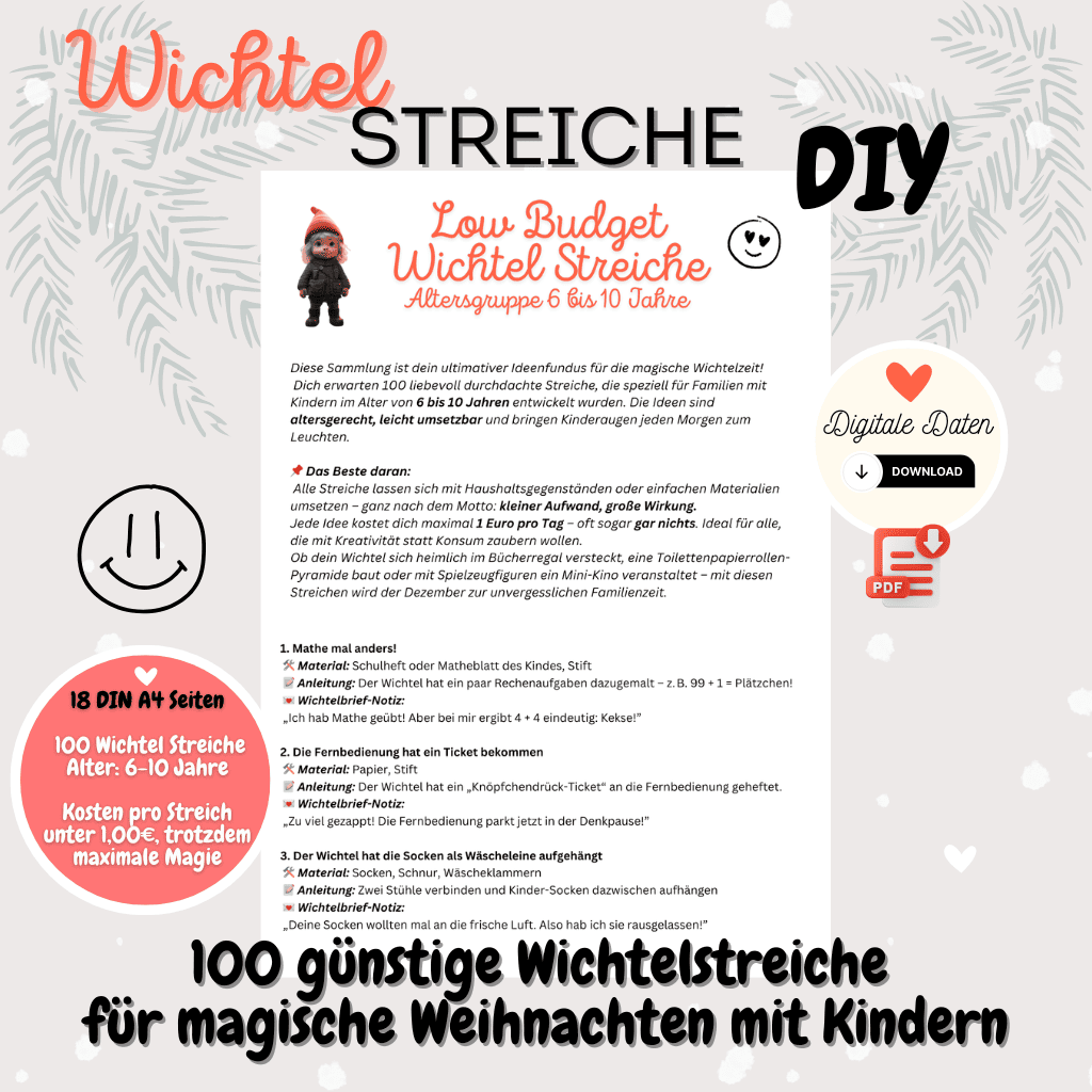 Wichtelset für magische Weihnachten – 100 liebevoll gestaltete Wichtelstreiche mit Wichtelbriefen, Bastelideen und Zubehör für Wichteltür, Puppenhaus und Adventskalender, um Weihnachtsmagie lebendig zu machen.