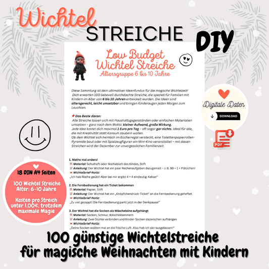 Wichtelset für magische Weihnachten – 100 liebevoll gestaltete Wichtelstreiche mit Wichtelbriefen, Bastelideen und Zubehör für Wichteltür, Puppenhaus und Adventskalender, um Weihnachtsmagie lebendig zu machen.