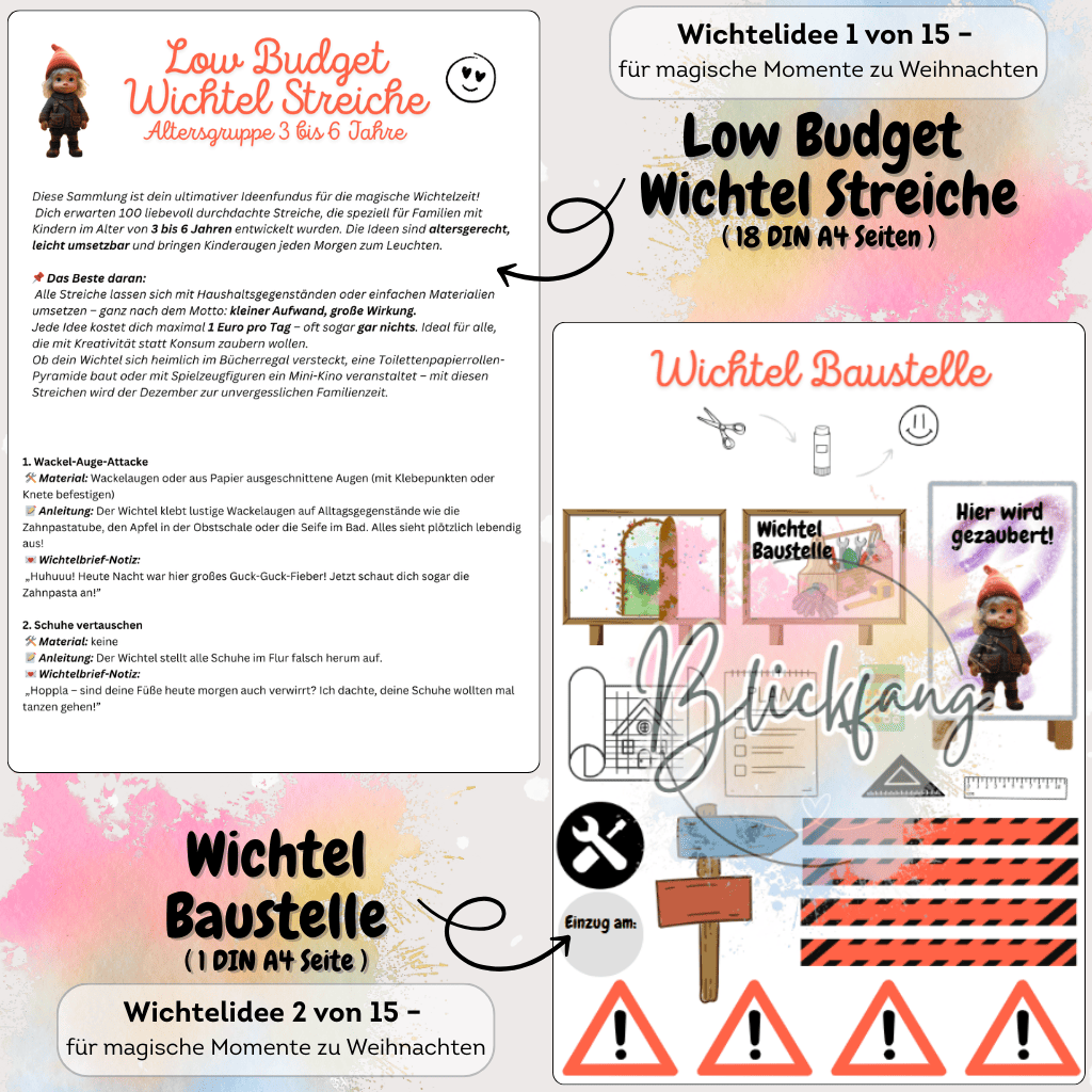 DIY Anleitungen für günstige Wichtelstreiche im XXL Wichtel Bundle. Mit Wichtelbriefen, Wichteltür-Ideen, Briefpapier und Zubehör für Puppenhaus und Adventskalender.