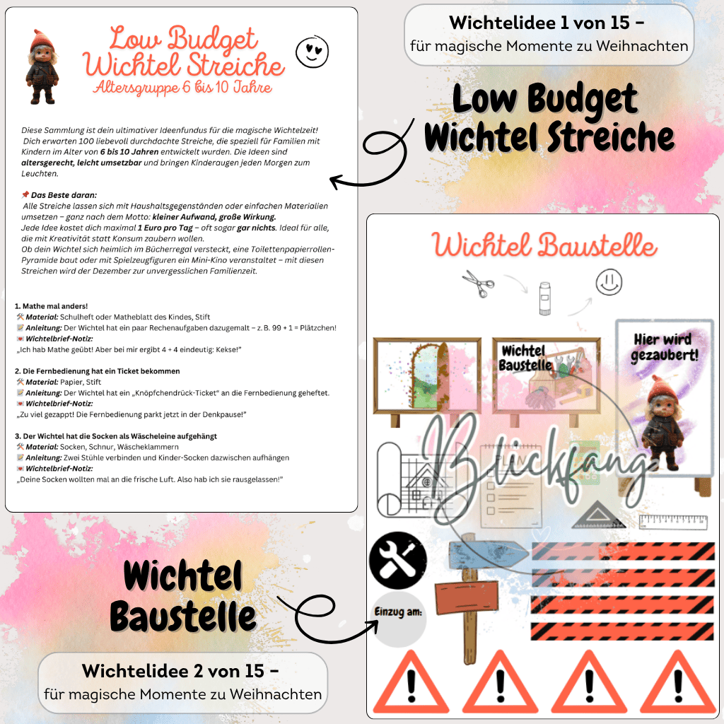 DIY Anleitungen für günstige Wichtelstreiche im XXL Wichtel Bundle. Mit Wichtelbriefen, Wichteltür-Ideen, Briefpapier und Zubehör für Puppenhaus und Adventskalender.