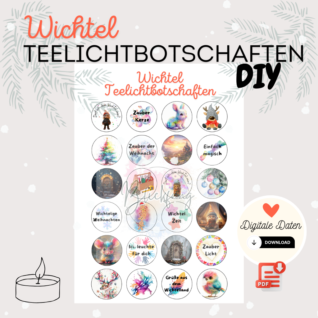 Digitales Bastelset „Wichtel Teelichtbotschaften“ zum Ausdrucken als PDF – mit 24 liebevoll gestalteten Rundetiketten für Teelichter, ideal für die Wichtelzeit, Weihnachten und magische Adventsbotschaften.