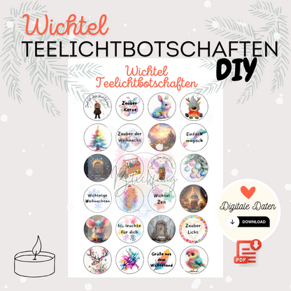 Digitales Bastelset „Wichtel Teelichtbotschaften“ zum Ausdrucken als PDF – mit 24 liebevoll gestalteten Rundetiketten für Teelichter, ideal für die Wichtelzeit, Weihnachten und magische Adventsbotschaften.