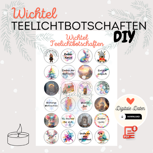 Digitales Bastelset „Wichtel Teelichtbotschaften“ zum Ausdrucken als PDF – mit 24 liebevoll gestalteten Rundetiketten für Teelichter, ideal für die Wichtelzeit, Weihnachten und magische Adventsbotschaften.