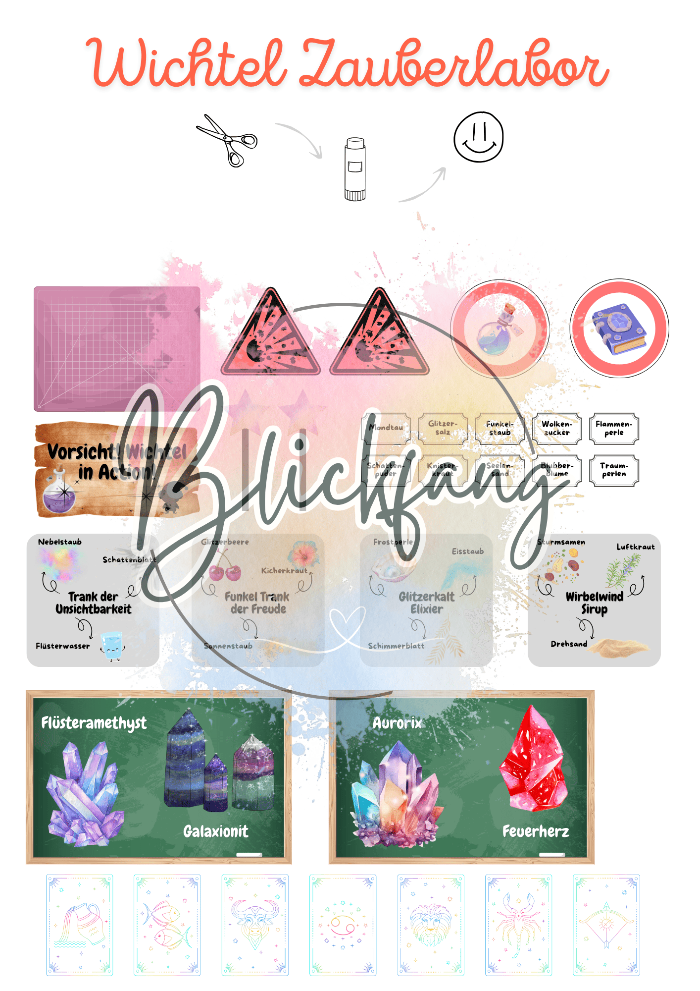 Bastelvorlagen für magische Zaubertränke und Fläschchen im Wichtel Zauberlabor. Mit Wichtelbriefen, Briefpapier und Zubehör für die Wichteltür, Puppenhaus und Weihnachten.