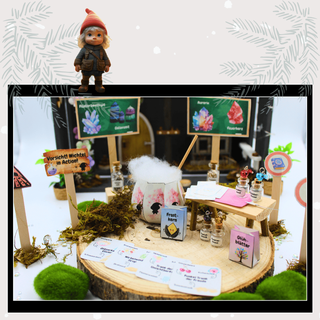 Detailreiche Wichtel Zauberwerkstatt mit Puppenhaus-Atmosphäre: Ein Weihnachtswichtel braut magische Tränke in einem Kessel vor der Wichteltür. Umgeben von Glühblätter-Rezepten, Frostkern-Fläschchen und funkelndem Wichtelzubehör entsteht eine Szene voller Magie, die perfekt als Wichtelset für Adventskalender und Wichtel Briefe genutzt werden kann.