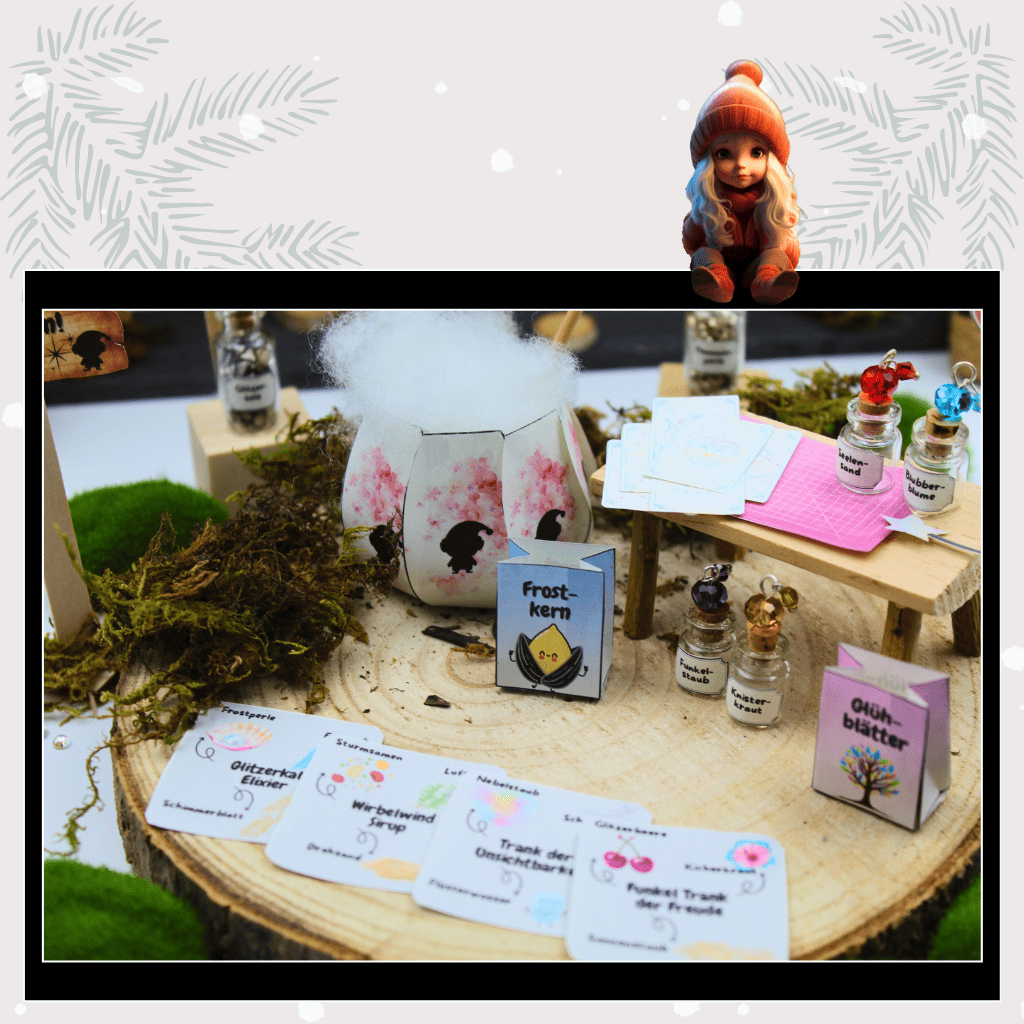 Nahaufnahme der Wichtel Magie im Puppenhaus: Der Weihnachtswichtel experimentiert mit Zauberzutaten wie Frostkern, Glühblätter und Glitzerstaub. Kleine Fläschchen, Karten und Mini-Accessoires machen die Szene zu einem einzigartigen Wichtelset. Ideal für Weihnachten, um die Wichteltür lebendig werden zu lassen und Wichtel Briefe oder Adventskalender liebevoll zu ergänzen.