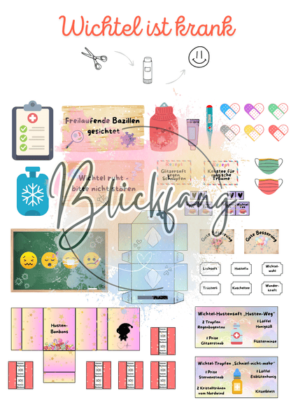 Detaillierte Bastelbögen für das Wichtelset „Wichtel ist krank“ – mit Wichtelzubehör, Wichtel Briefe und kreativen Accessoires für Puppenhaus und Wichteltür zur Weihnachtszeit.