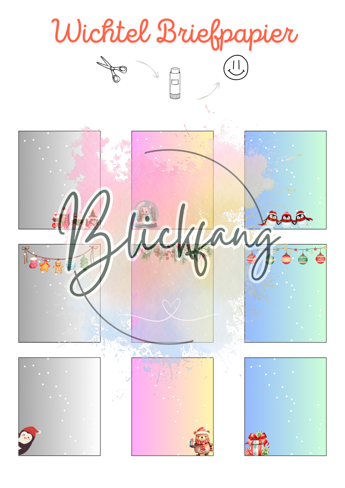 DIY Wichtel Briefpapier Vorlage zum Ausschneiden – bunte Winterdesigns mit Wichteln, Pinguinen, Ornamenten und Girlanden. Ideal für Weihnachtszeit, Kinderbriefe und magische Wichtelgeschichten.