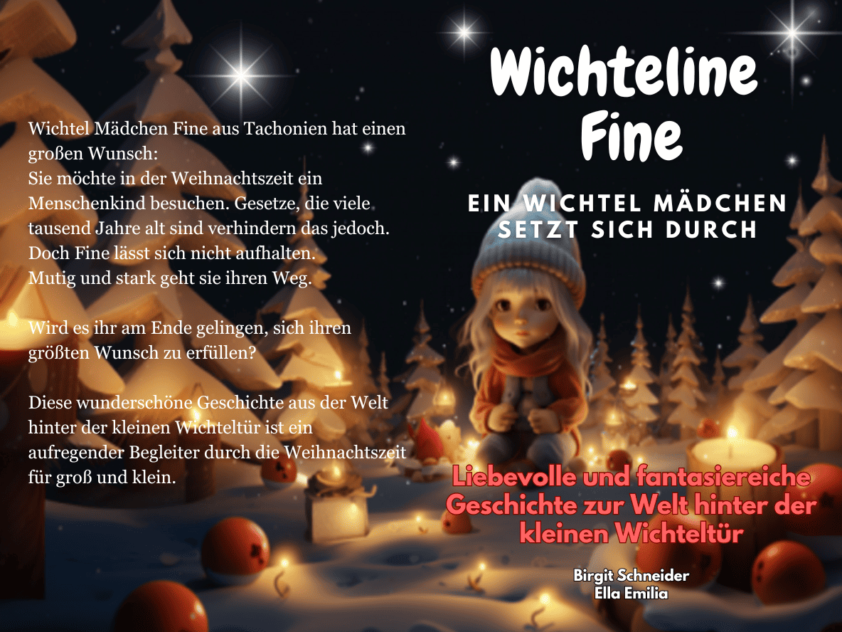 Buchcover des Kinderbuchs 'Wichteline Fine – Ein Wichtelmädchen setzt sich durch', liebevoll illustriertes Weihnachtsbuch