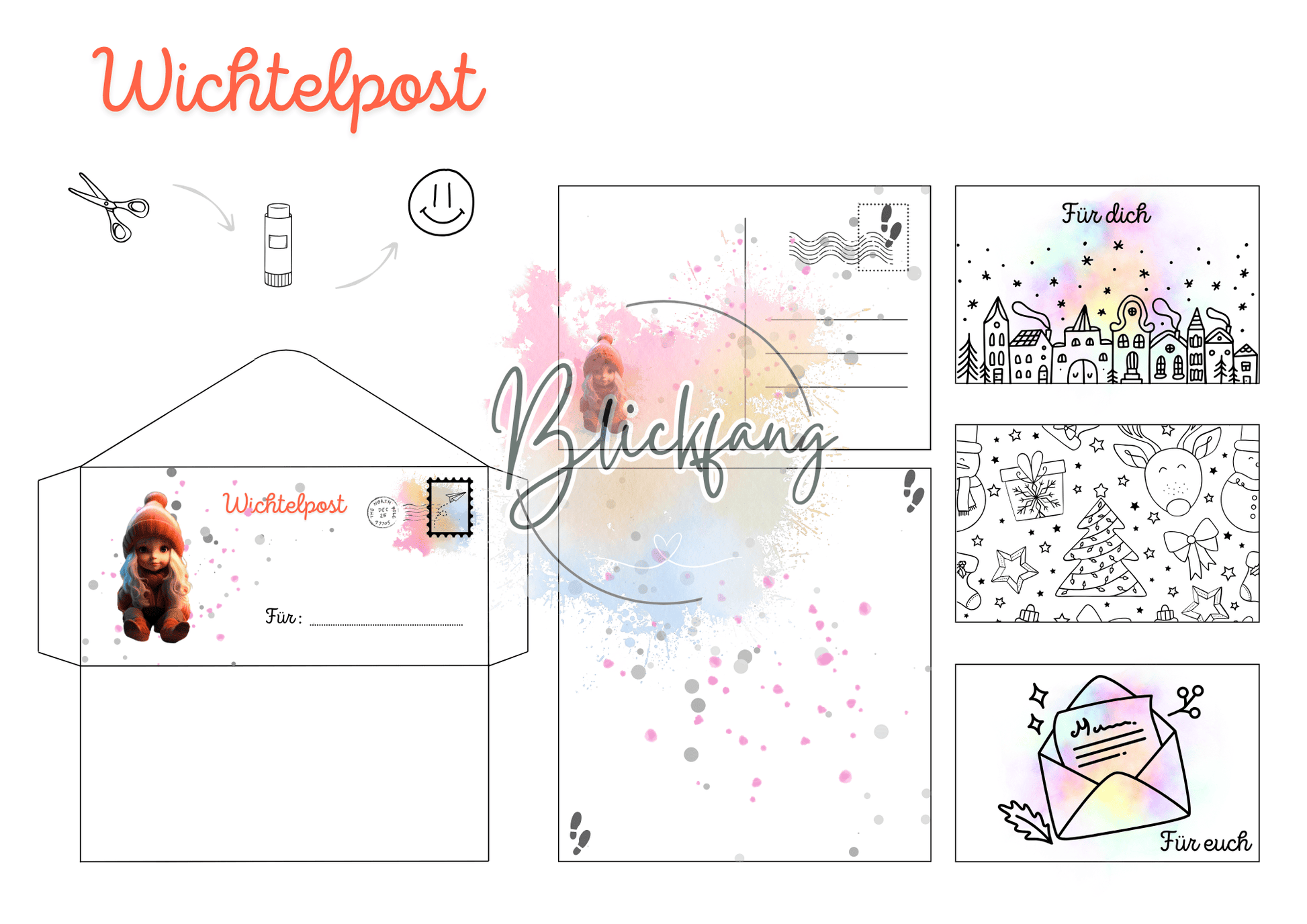 Digitale Bastelvorlage mit Wichtelbriefumschlag, Postkarte, Ausmalbildern und kleinen Nachrichten – kreatives Weihnachts-DIY für Kinder und Wichtelfans.