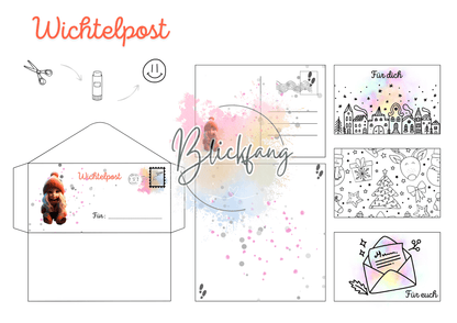 Digitale Bastelvorlage mit Wichtelbriefumschlag, Postkarte, Ausmalbildern und kleinen Nachrichten – kreatives Weihnachts-DIY für Kinder und Wichtelfans.