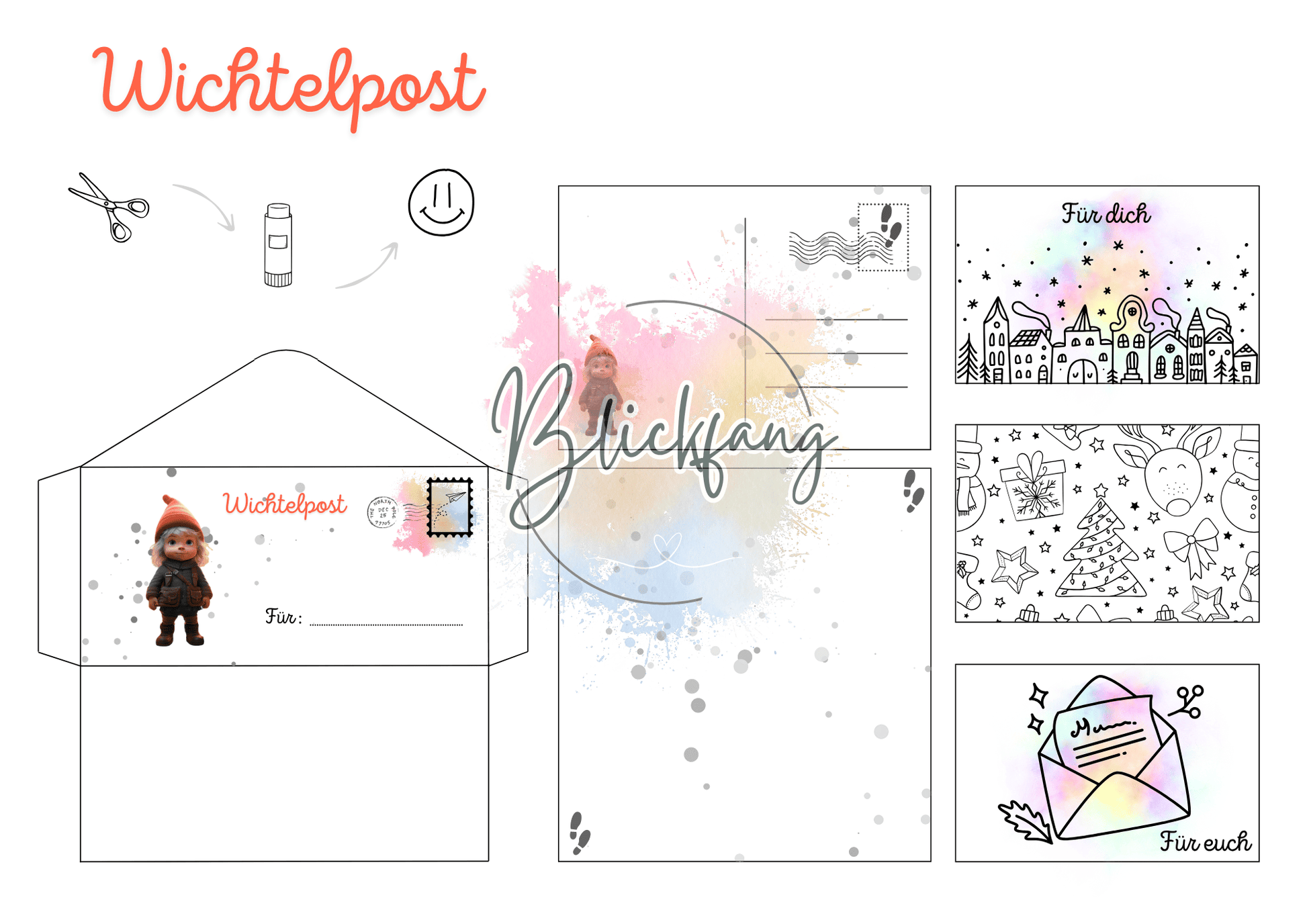 Wichtelpost Vorlage zum Basteln und Ausmalen mit Wichtel Smöre – Adventsbrief, Umschlag und Postkarten als kreative PDF-Datei zum Herunterladen und Drucken für Kinder