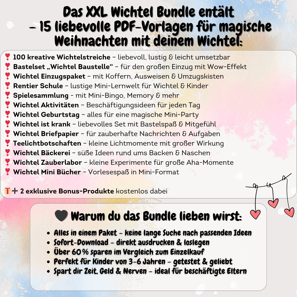 Übersicht des XXL Wichtel Sets – vielfältige Vorlagen, Wichtelbriefe, Briefpapier und Zubehör für Puppenhaus und Adventskalender. Ideal, um Weihnachten magisch mit dem Weihnachtswichtel zu gestalten.