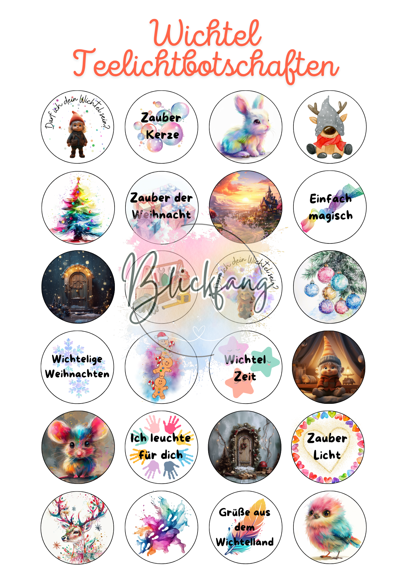 Wichtel-Teelichtaufkleber mit weihnachtlichen Motiven und Botschaften wie „Zauberkerze“, „Ich leuchte für dich“ oder „Wichtelzeit“ – als digitale Bastelvorlage zum Ausdrucken für Advent, Deko und kleine Geschenke.