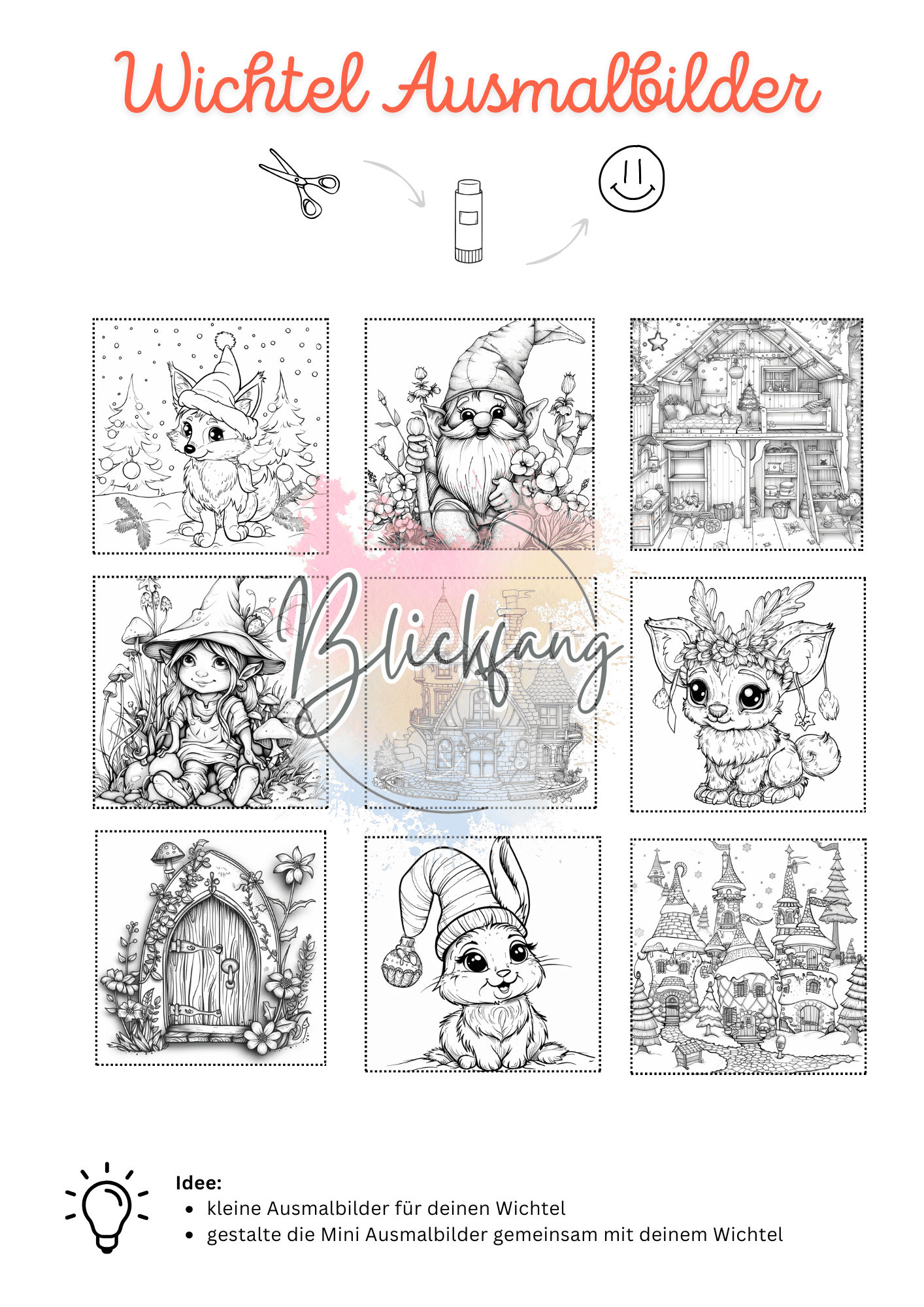 9 Mini-Ausmalbilder mit süßen Wichtelmotiven wie Wichtelhaus, Tiere, Elfen, Winterlandschaft und Zaubertür – als PDF-Vorlage zum Ausdrucken und Basteln für Kinder.